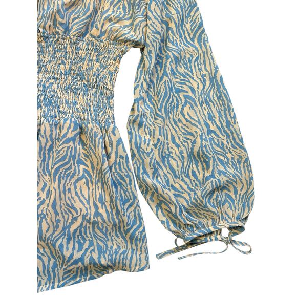 Just U In Blue Zebra Print Romper Medium Long Sleeve Smocked Waist Boho Festival - Picture 6 of 10